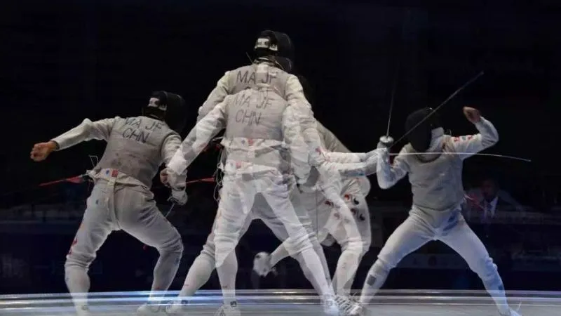 Fencers mid-lunge on a competition piste, blades crossed, captured in a multiple-exposure frame
